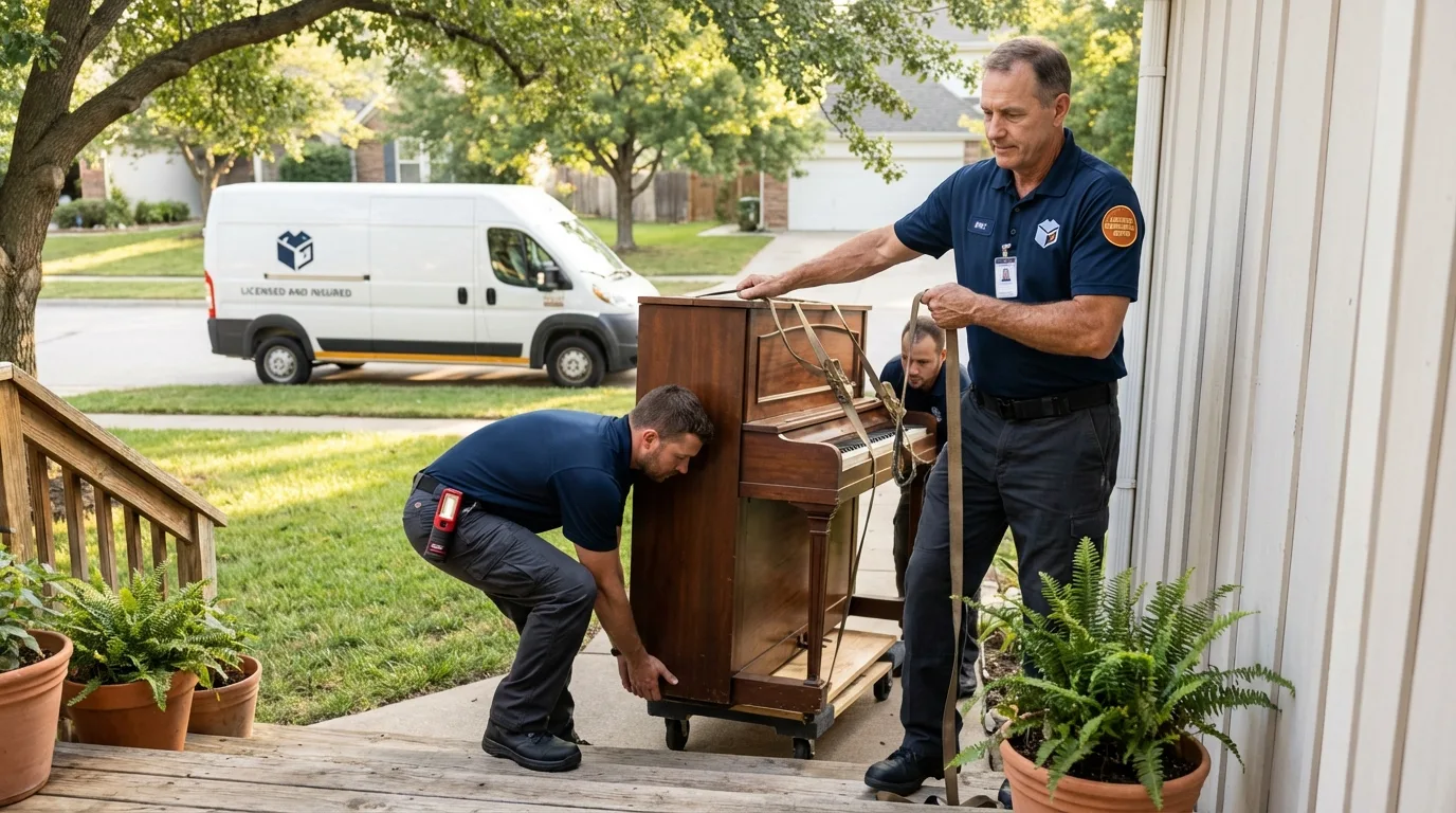 Licensed piano movers securing grand piano in Dighton, MA