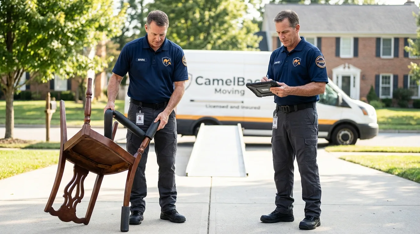 Movers inspecting furniture for damage prevention before loading in Dighton, MA