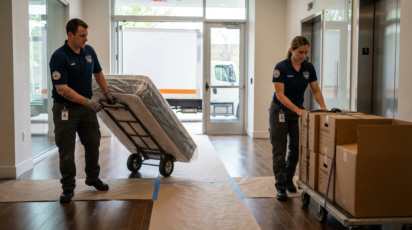 Professional apartment movers loading elevator in Dighton, MA